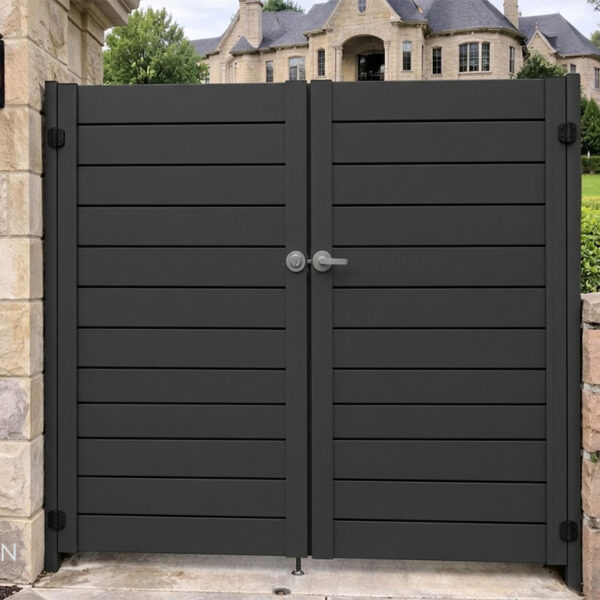 Premium black aluminum slat double gate installed between stone columns at a luxury residential property.