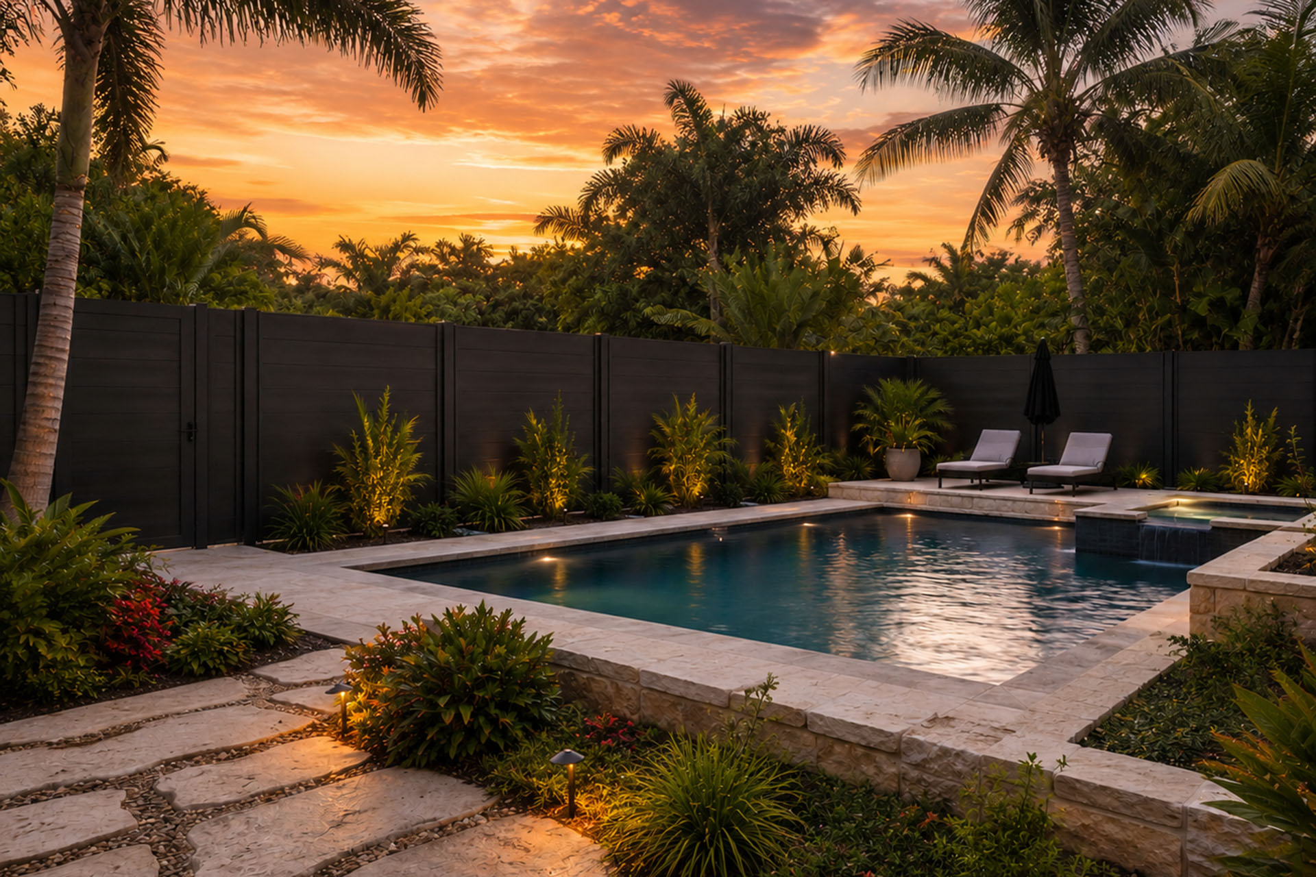 A beautiful Florida Backyard sunset with Quickscreen privacy fence creating the perfect private patio