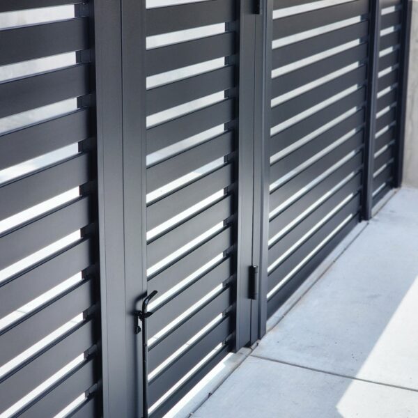 Premium black horizontal aluminum slat single gate with 2.56 inch slats and 1 inch spacing